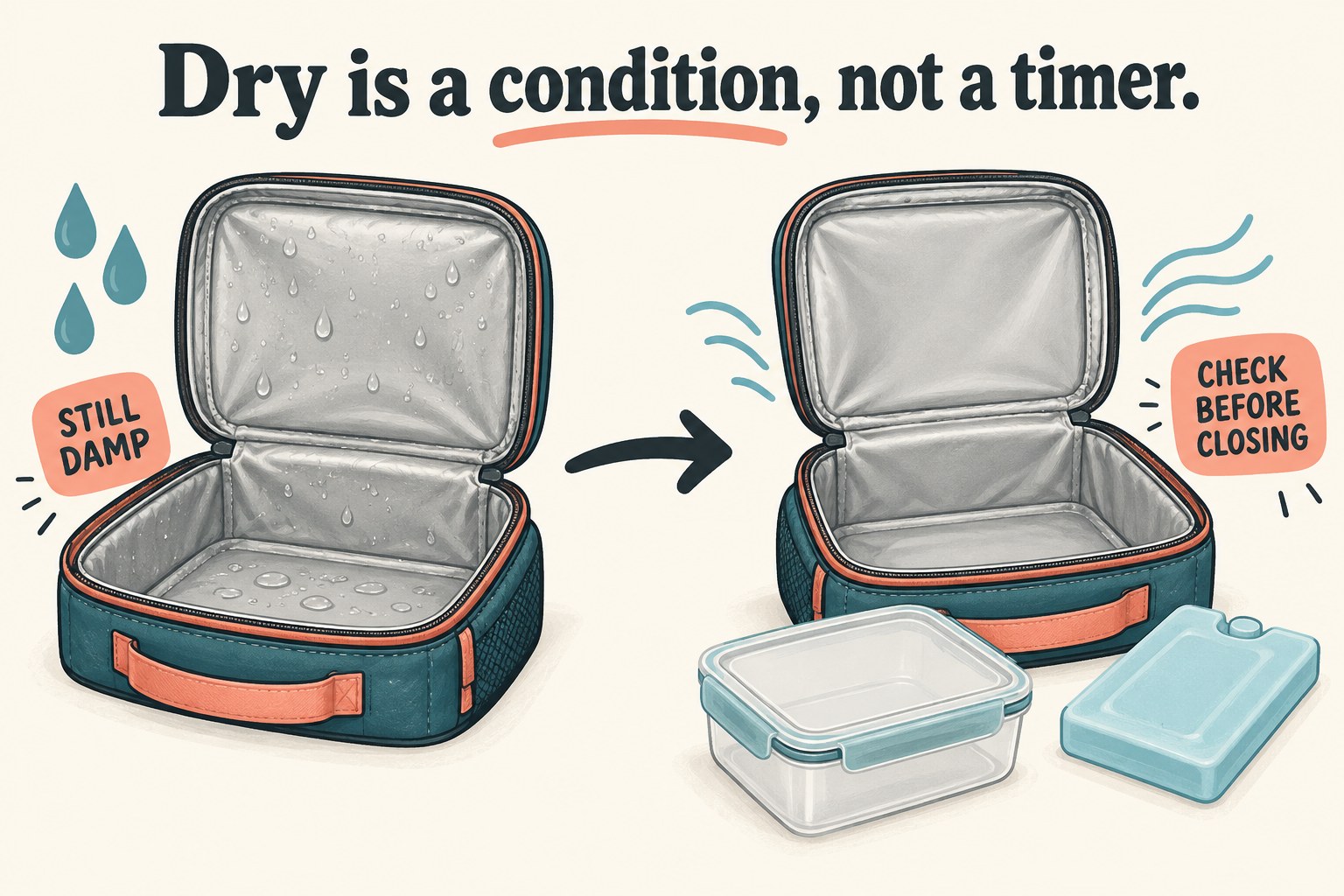 Damp and dry-looking open bags illustrate checking for moisture before closing rather than relying on a timer