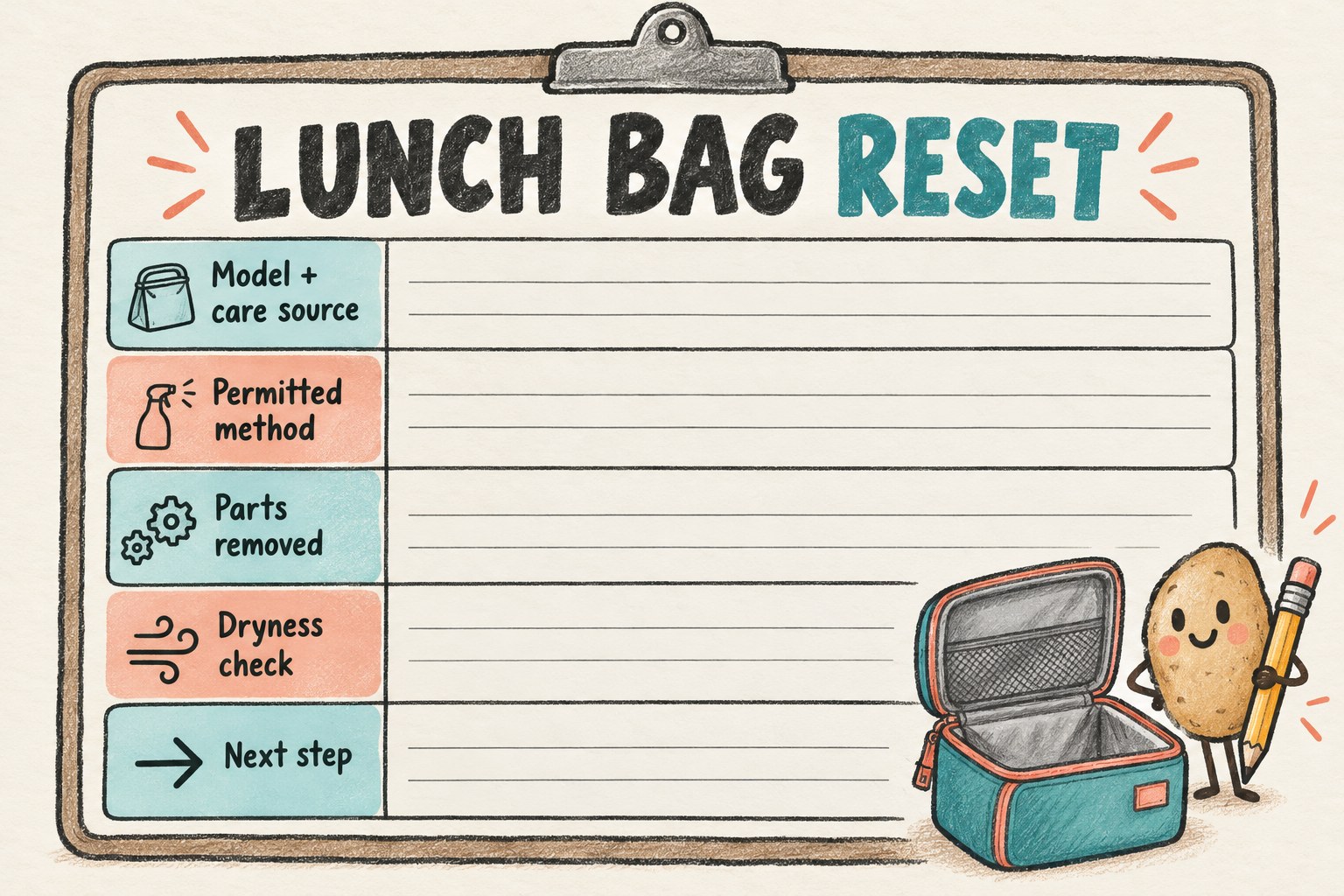 Blank lunch bag reset worksheet with model, cleaning method, removed parts, dryness and next-step fields
