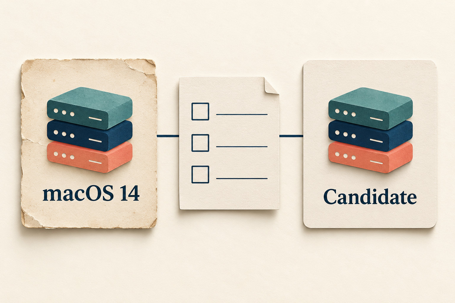 A macOS 14 runner card and a Candidate card are connected through an unchecked review sheet.