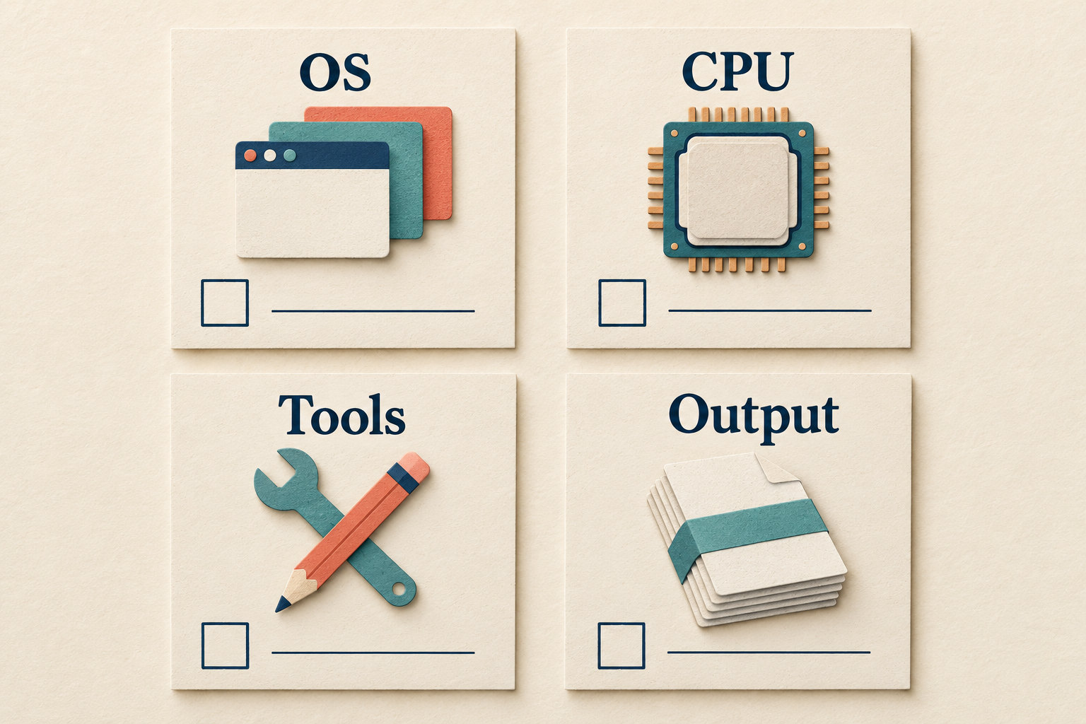 Four independent cards labelled OS, CPU, Tools and Output each have an empty checkbox.