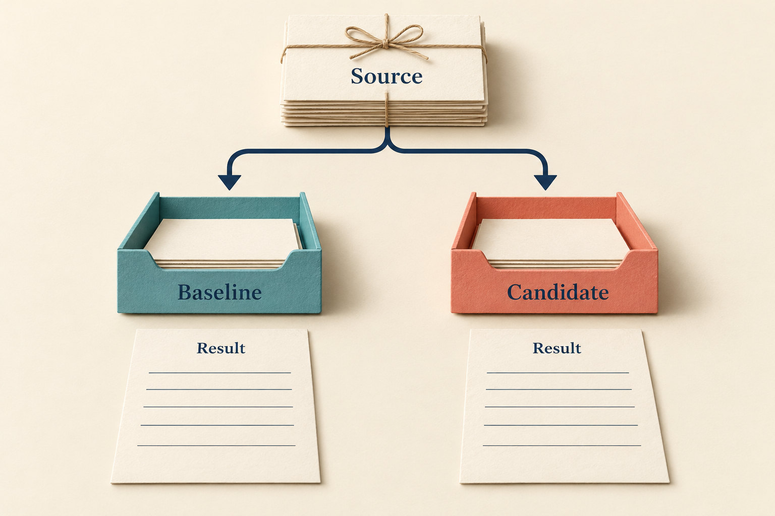 One Source packet branches toward Baseline and Candidate trays, each with a separate blank Result sheet.
