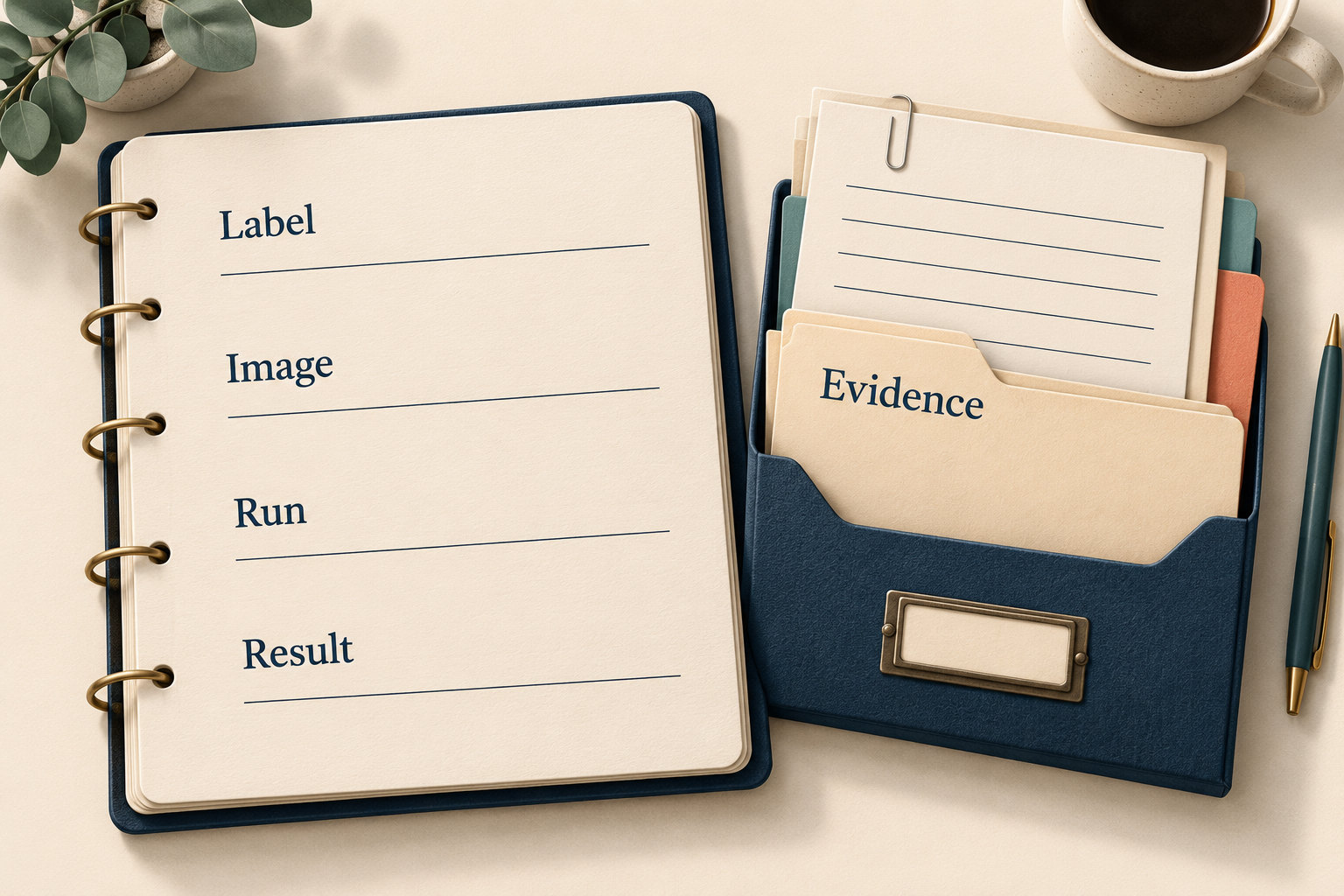 A notebook has blank Label, Image, Run and Result fields beside a file box labelled Evidence.