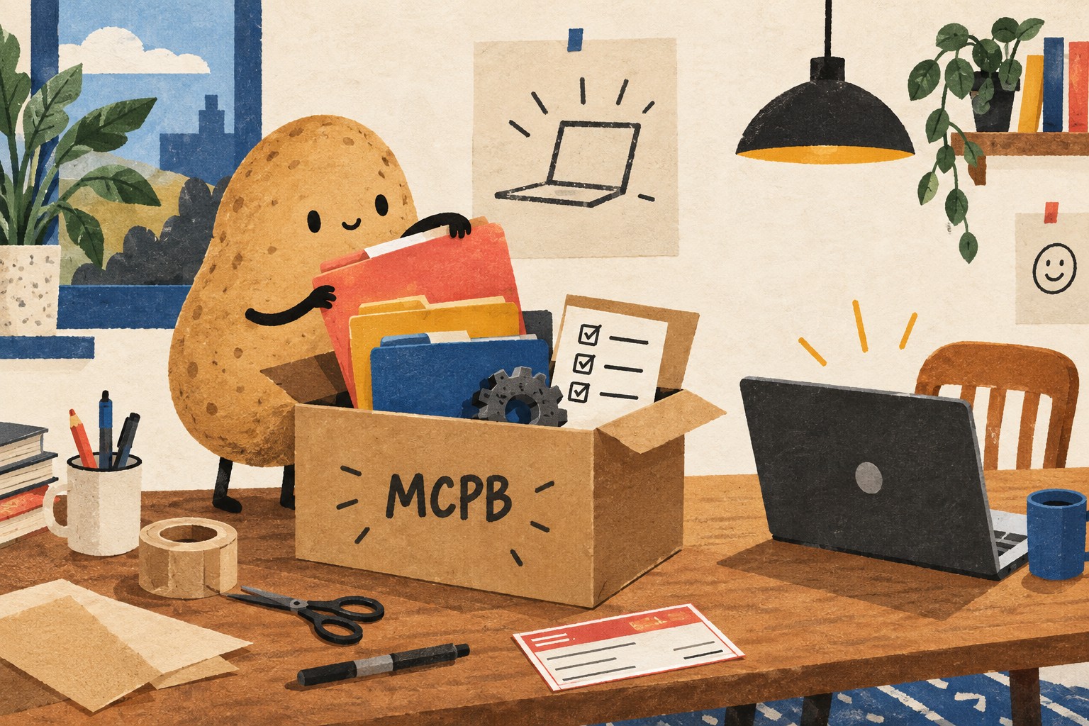 A potato developer packs a software bundle beside a laptop.