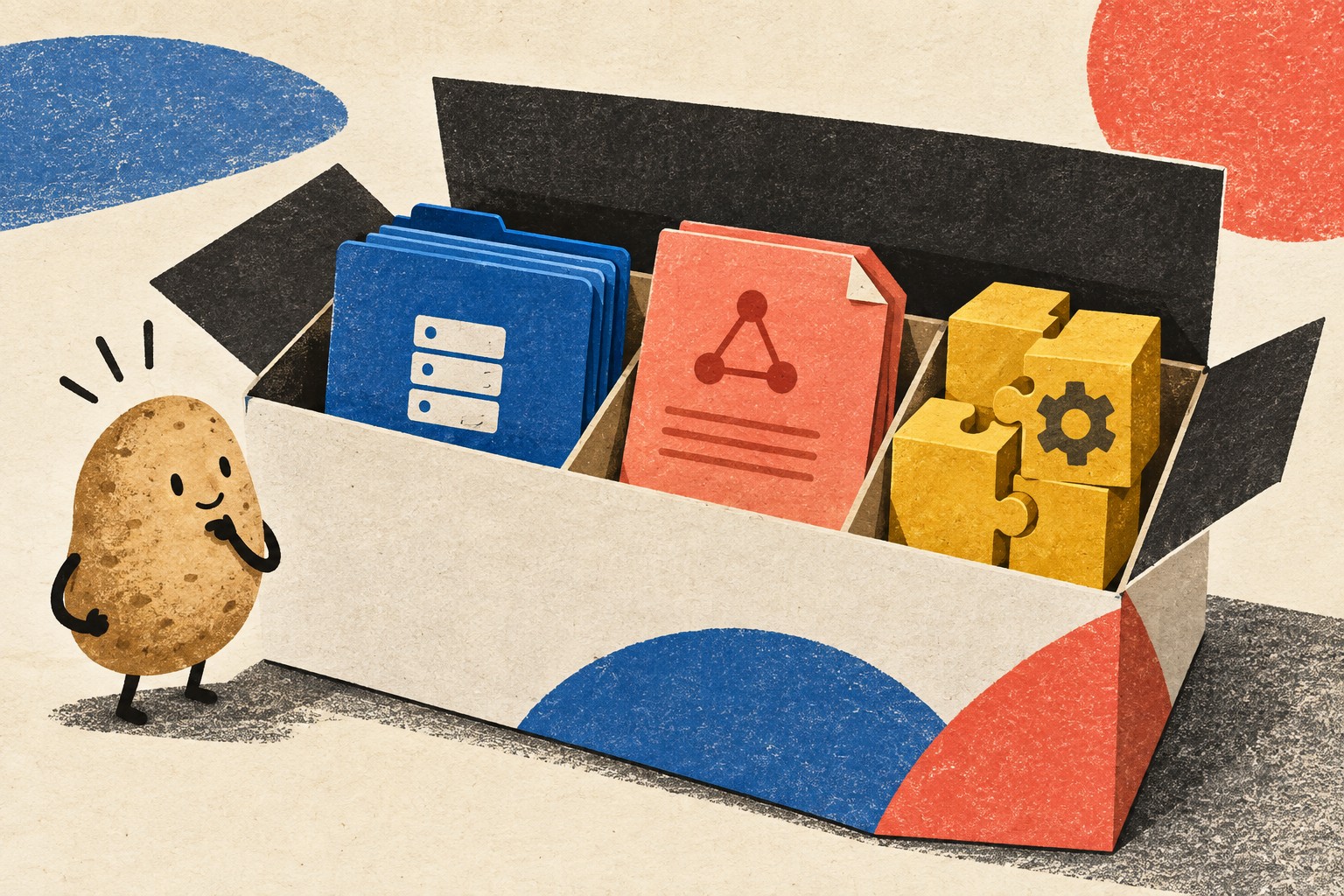 An open software box separates a server folder, manifest sheet and dependency blocks.