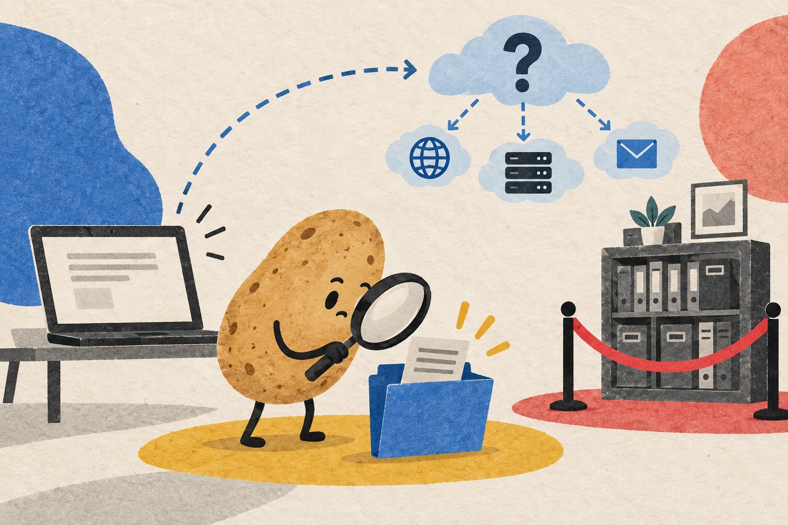 A potato inspects a disposable folder while a personal archive remains separate and a possible cloud route is questioned.
