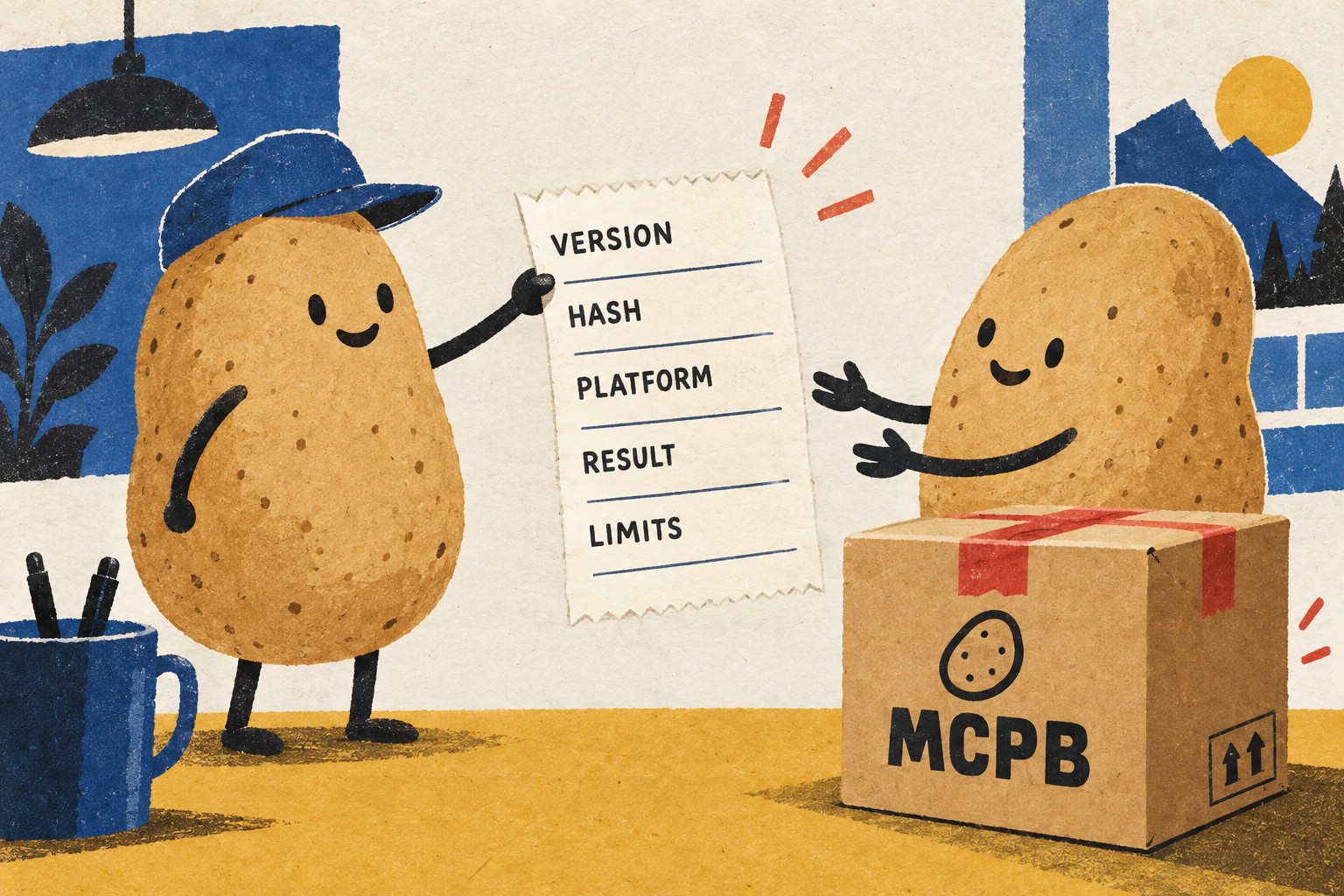 Two potato characters exchange a release receipt with version, hash, platform, result and limits fields.