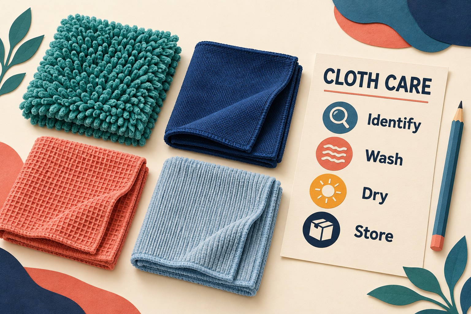 Four textured cleaning cloths beside a care card listing identify, wash, dry and store.