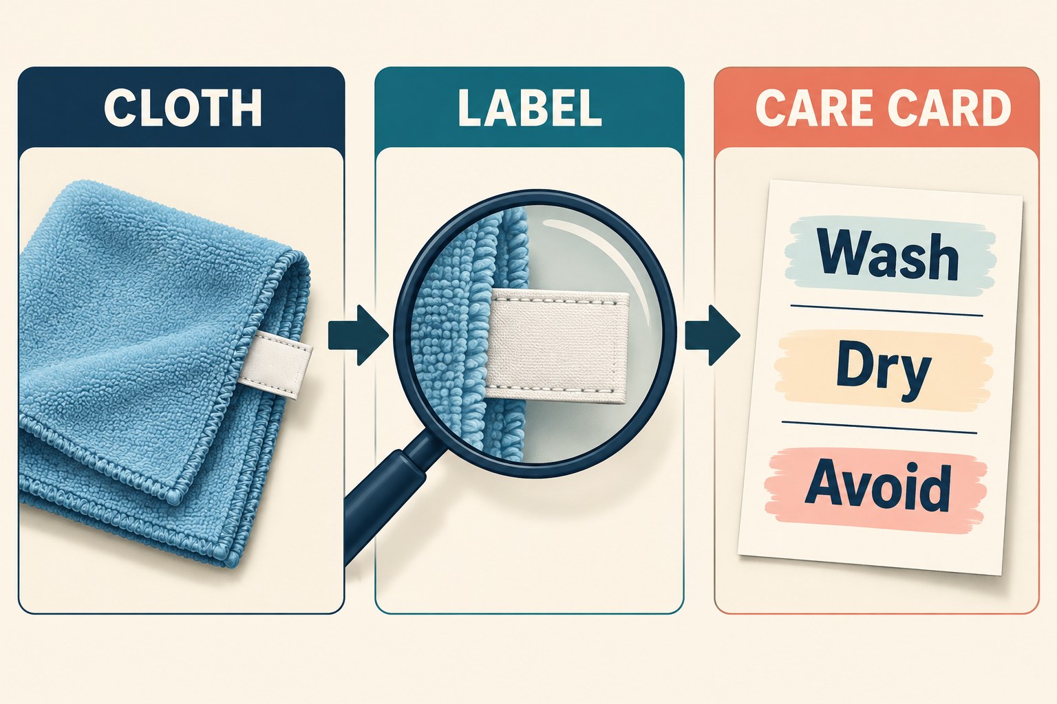 Left-to-right diagram from identifying a cloth to reading its label and recording wash, dry and avoid instructions.