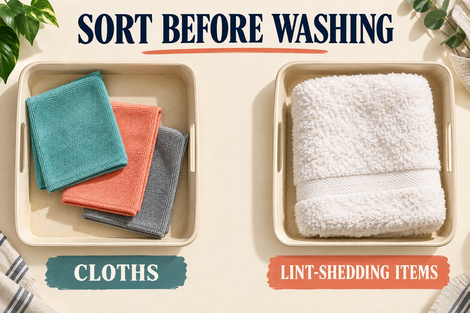 Cleaning cloths and a fluffy lint-shedding towel sorted into separate trays before a load is chosen.
