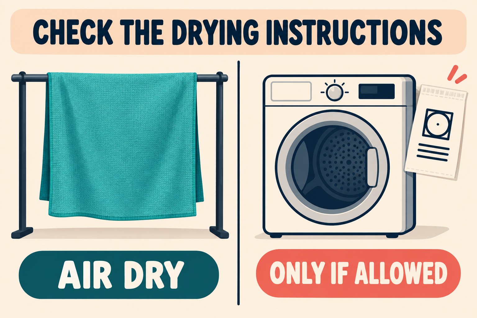 A spread-out cloth on a drying rail beside a dryer marked only if allowed by the care instructions.