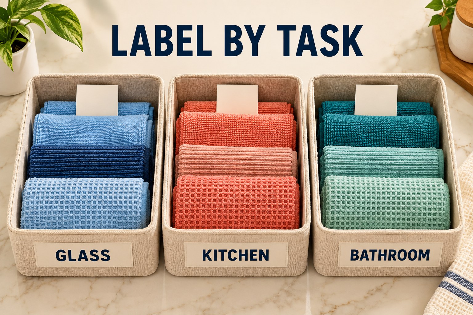 Three cloth storage compartments labeled Glass, Kitchen and Bathroom with space for separate care cards.