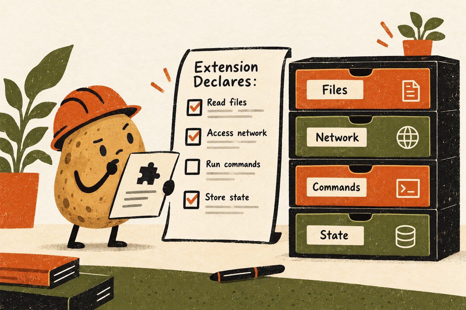A potato compares an Extension Declares checklist with Files, Network, Commands and State drawers.