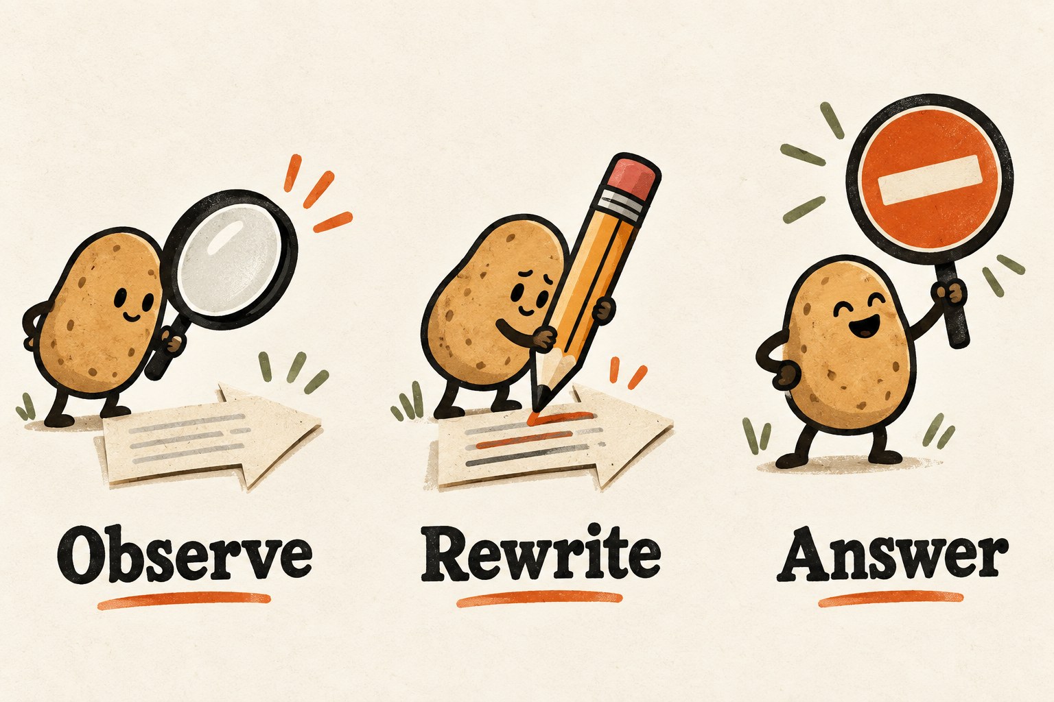 Observe, Rewrite and Answer labels show a magnifying glass, pencil and stop sign.