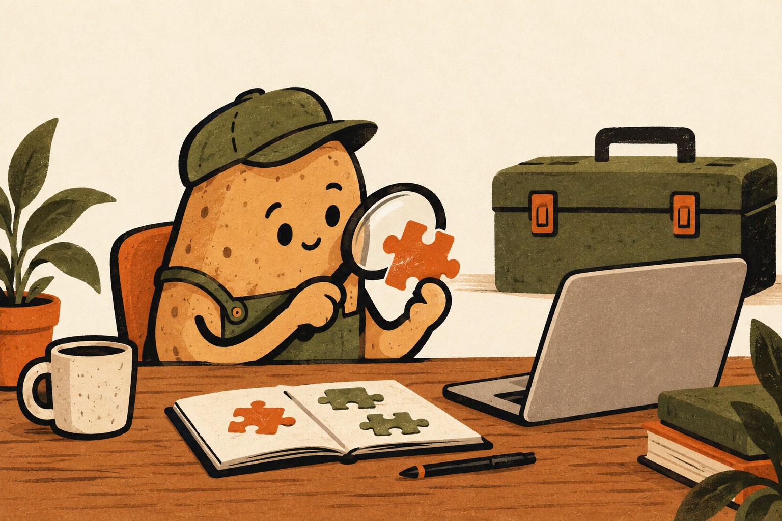 A potato engineer inspects a puzzle piece beside a laptop and closed toolbox.