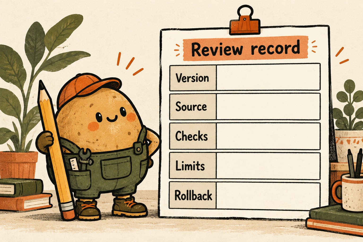 A blank Review record card lists Version, Source, Checks, Limits and Rollback beside a potato with pencil.