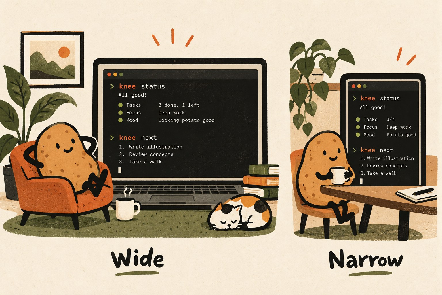 Wide and Narrow fictional terminal displays sit beside potato mascots.