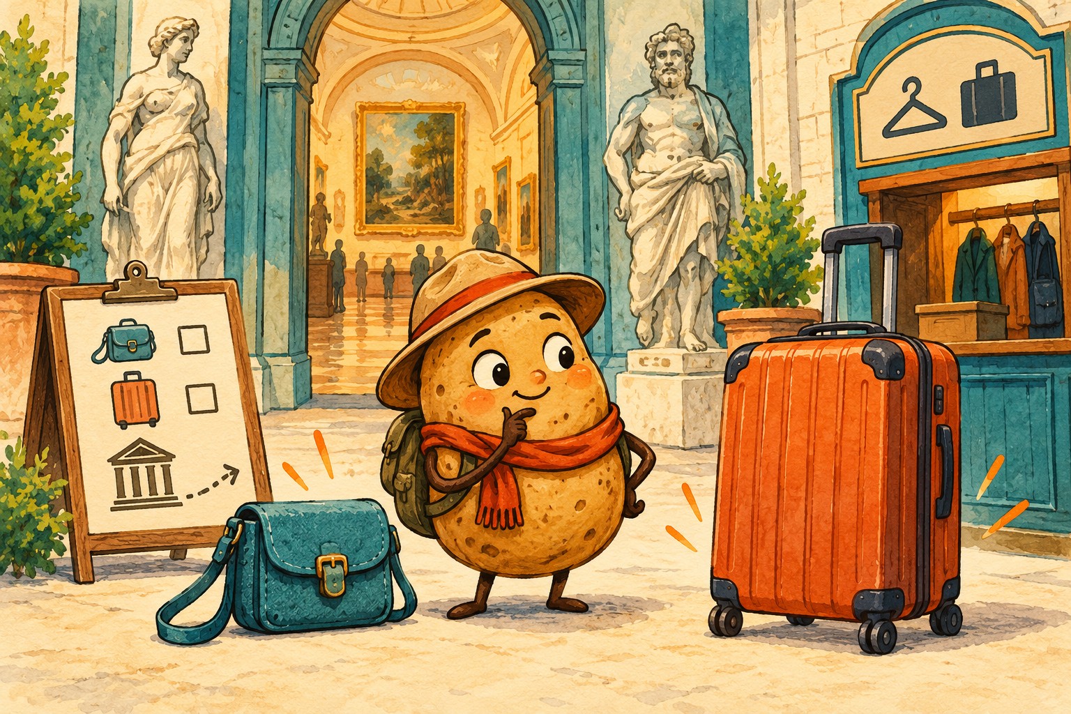 Potato traveler considers a small shoulder bag and rolling suitcase beside a fictional museum entrance.