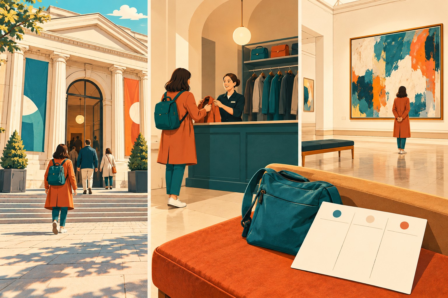Three museum scenes distinguish the entrance, cloakroom counter and gallery beside a blank planning card.
