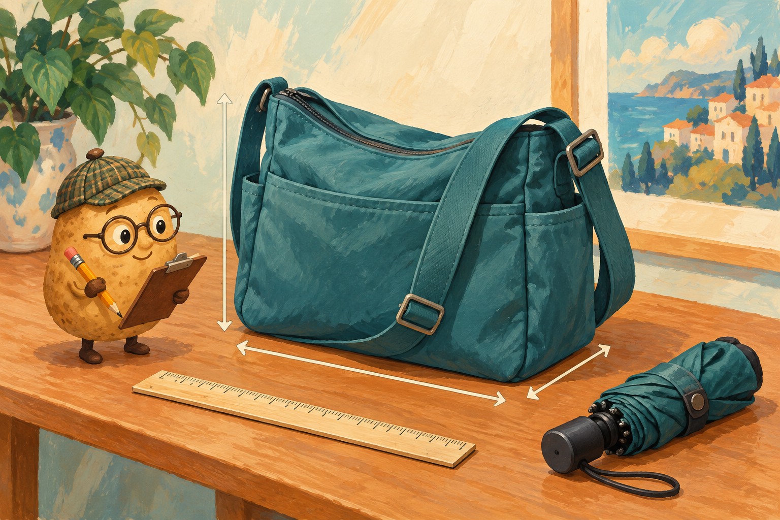 Three dimension arrows surround a packed shoulder bag beside a ruler and folded umbrella.