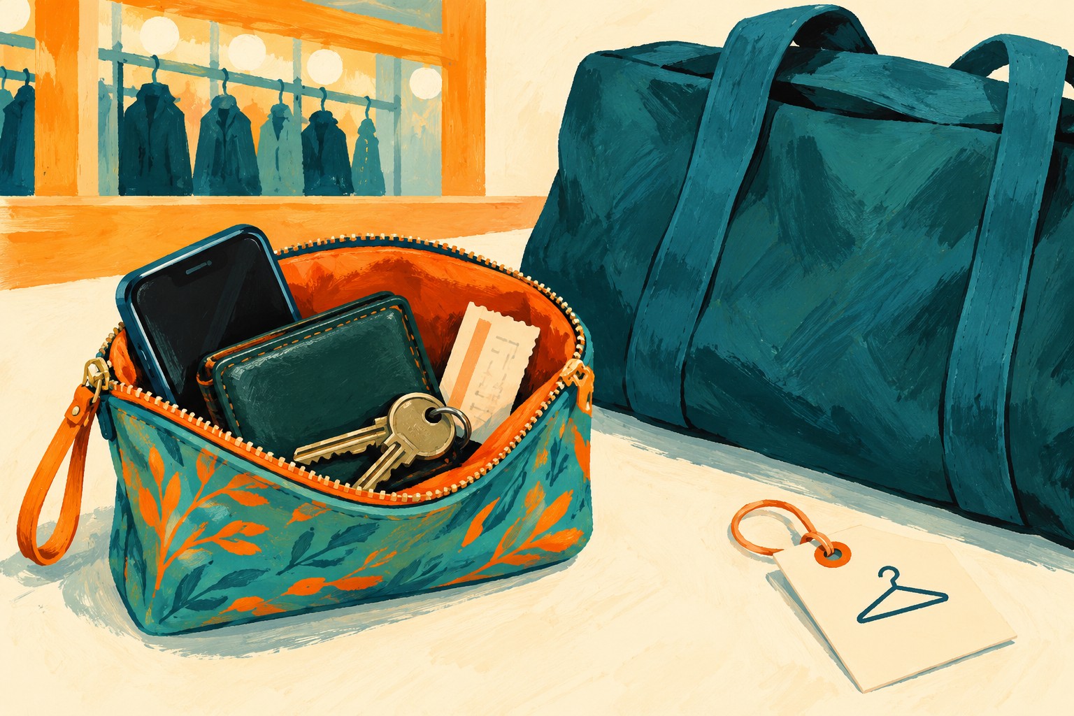 Phone, wallet, keys and ticket sit in a small pouch separate from a larger bag and claim tag.