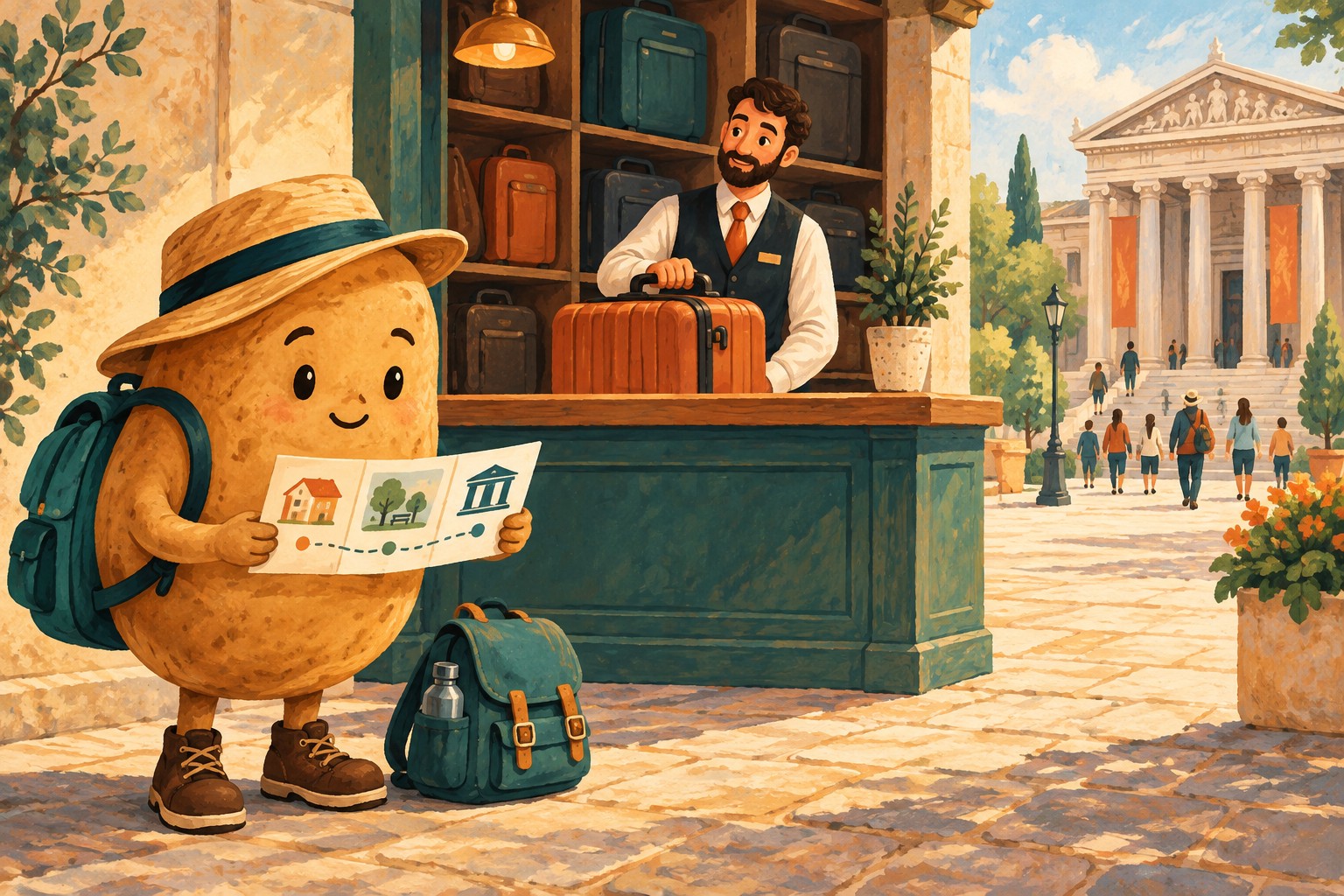A potato traveler checks an itinerary beside an attended luggage counter with a museum farther away.