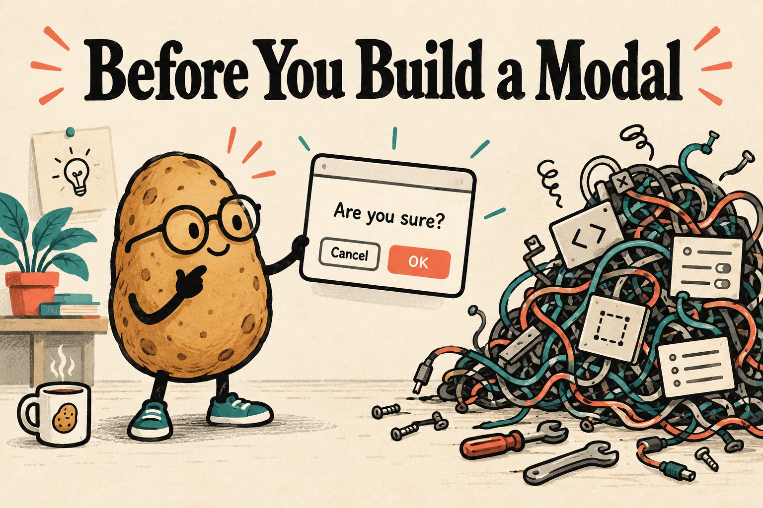 A potato developer compares an invented confirmation window with a tangled pile of custom components.