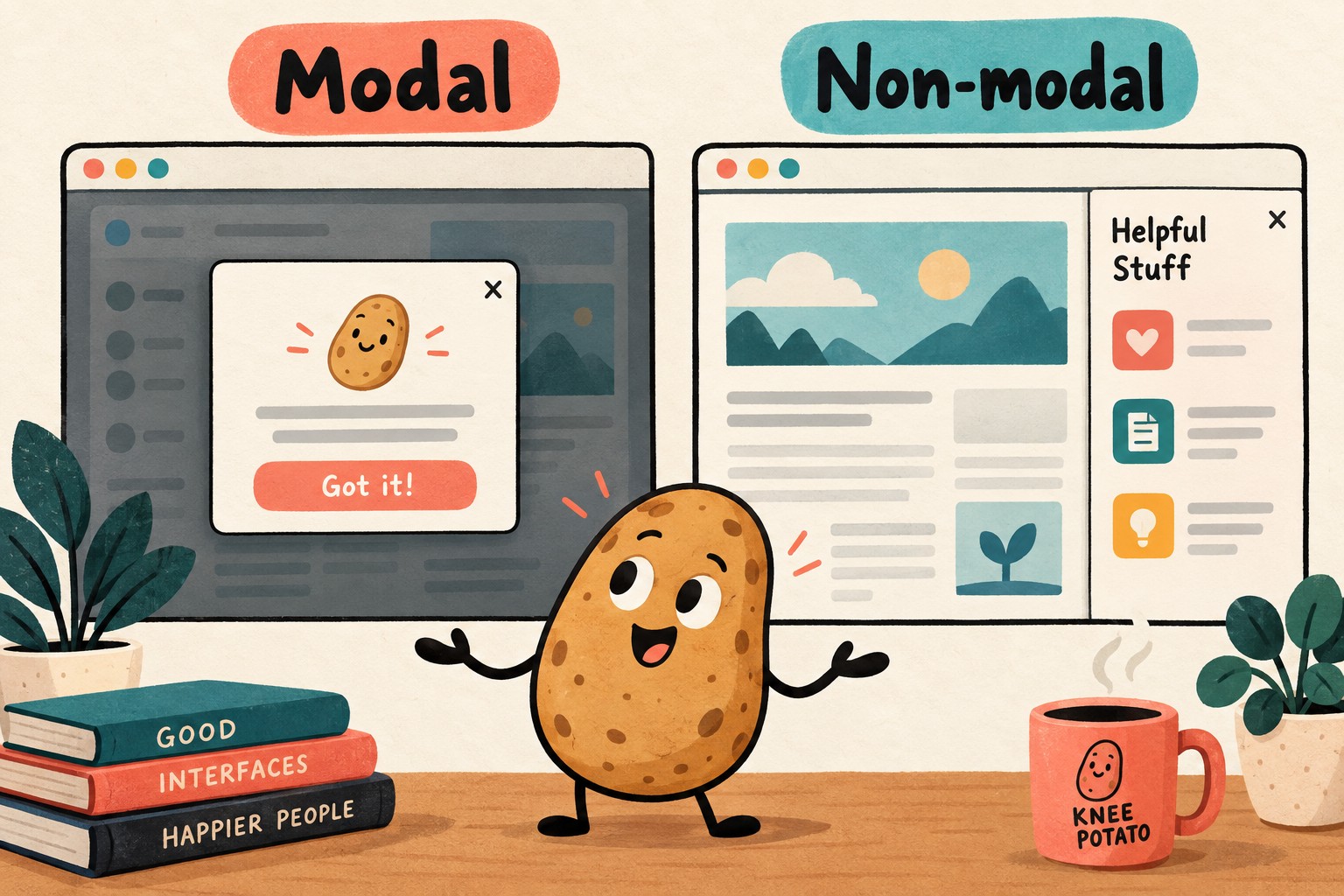 Two invented windows compare a dimmed modal background with a non-modal side panel.