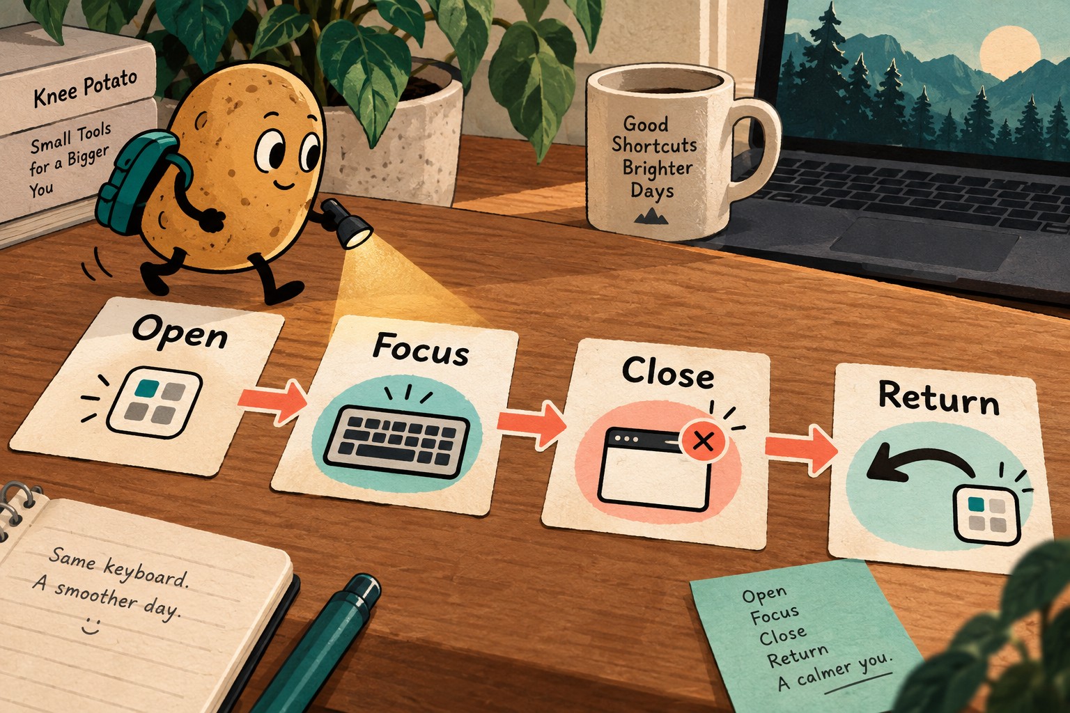 Open, Focus, Close and Return cards form a left-to-right keyboard journey.