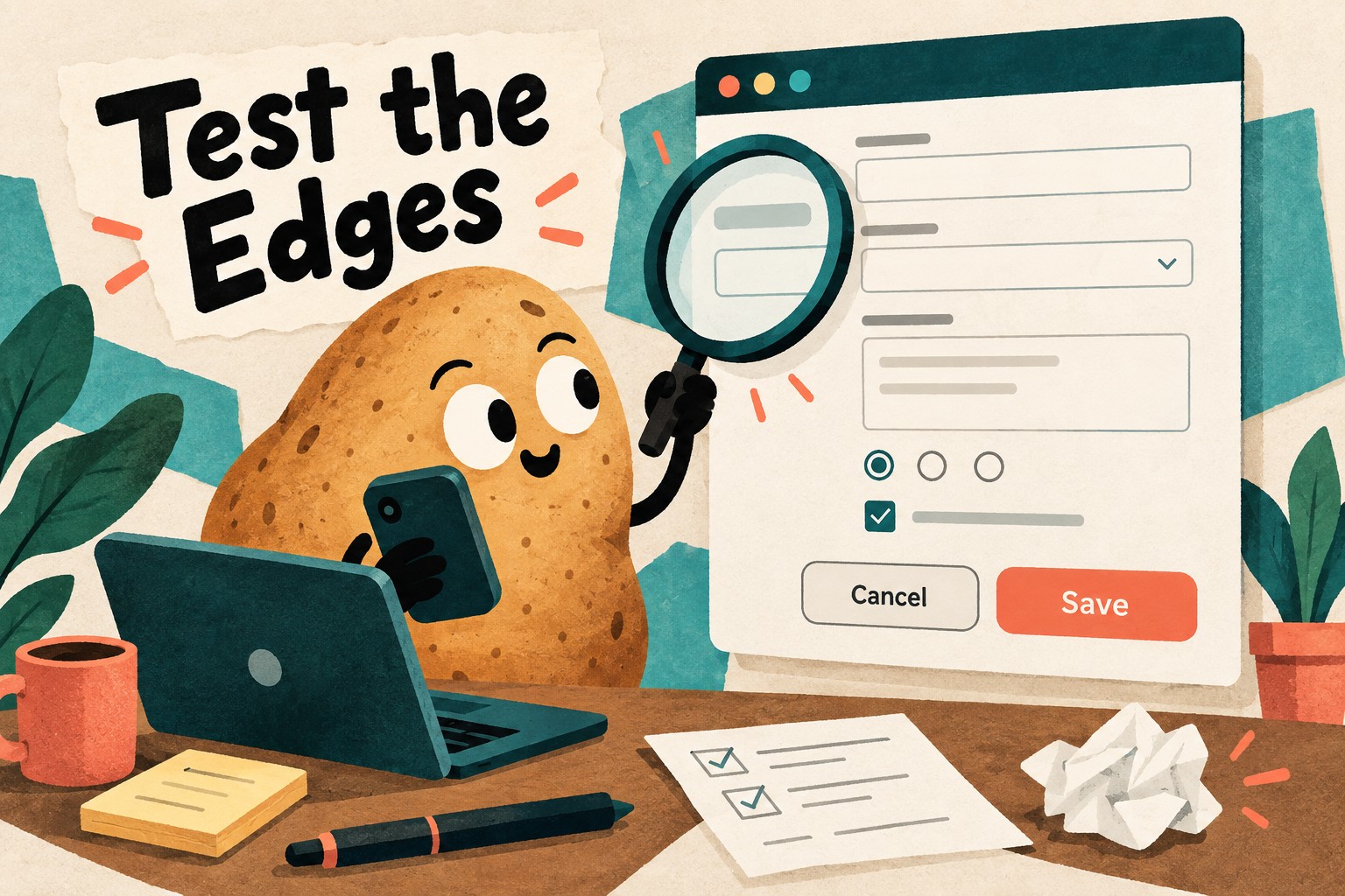 A potato examines an invented form dialog with a phone and magnifying glass beneath Test the Edges.