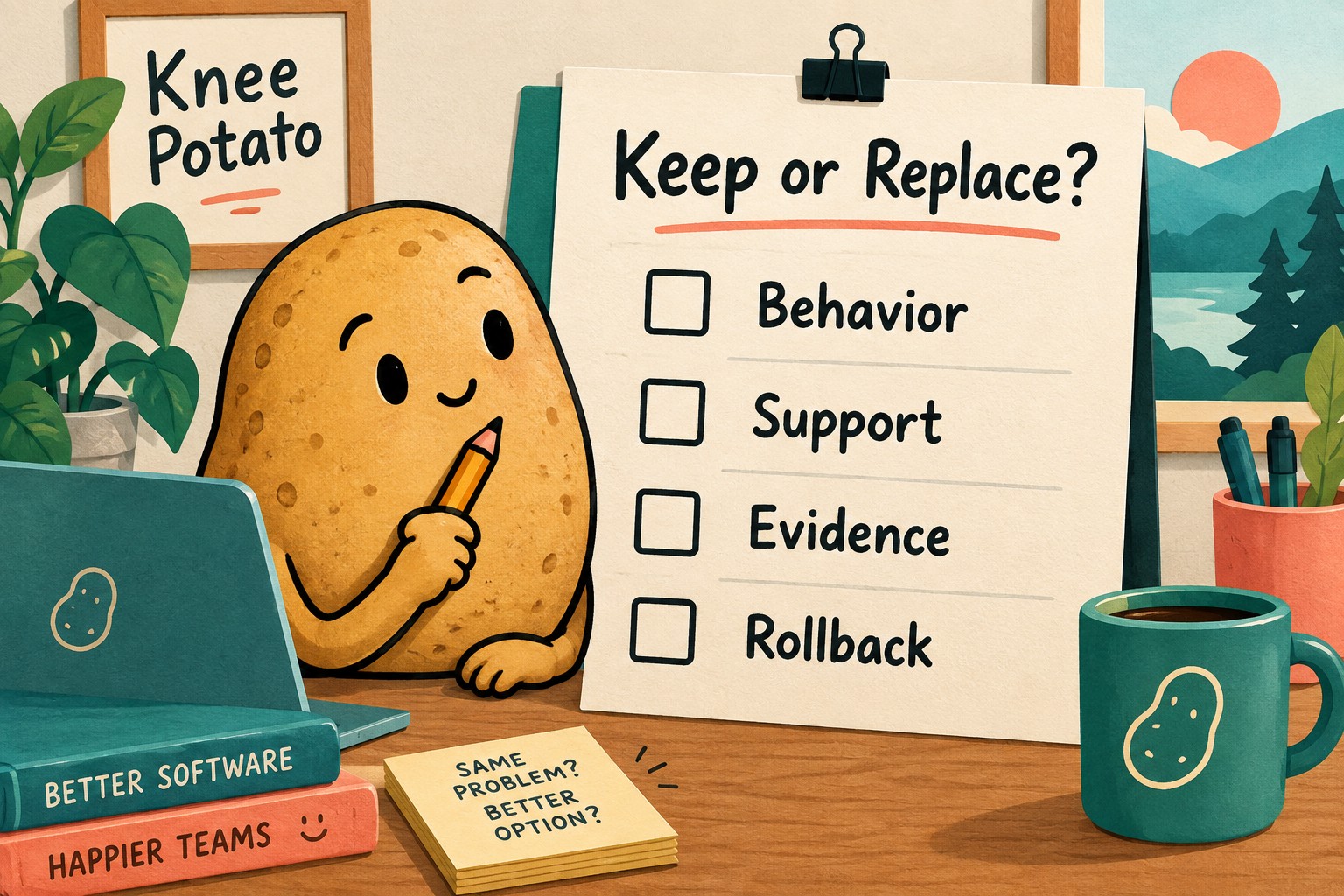 A blank Keep or Replace checklist lists Behavior, Support, Evidence and Rollback.