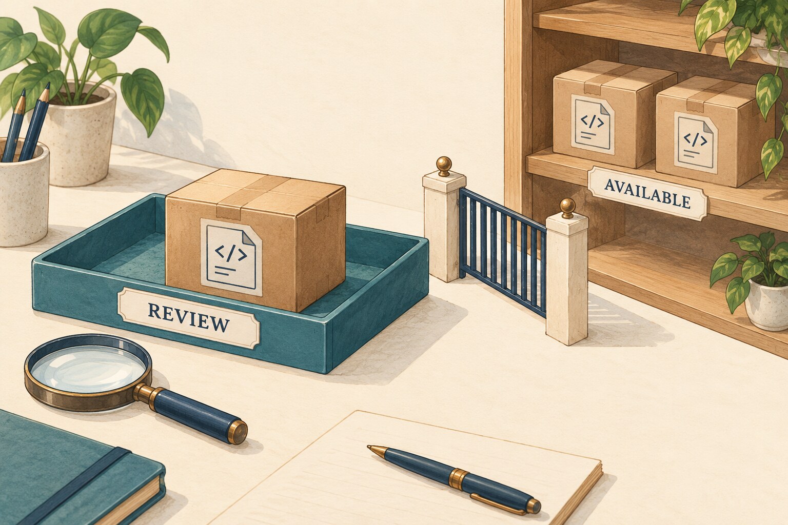 A software package waits in a review tray, separated by a gate from a shelf marked Available.