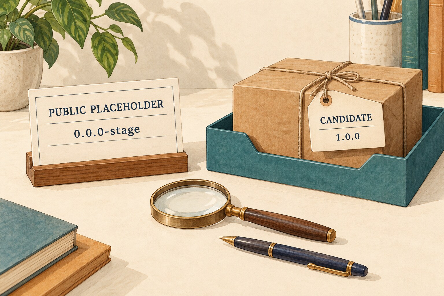 A public placeholder card shows 0.0.0-stage beside a sealed candidate package labelled 1.0.0.