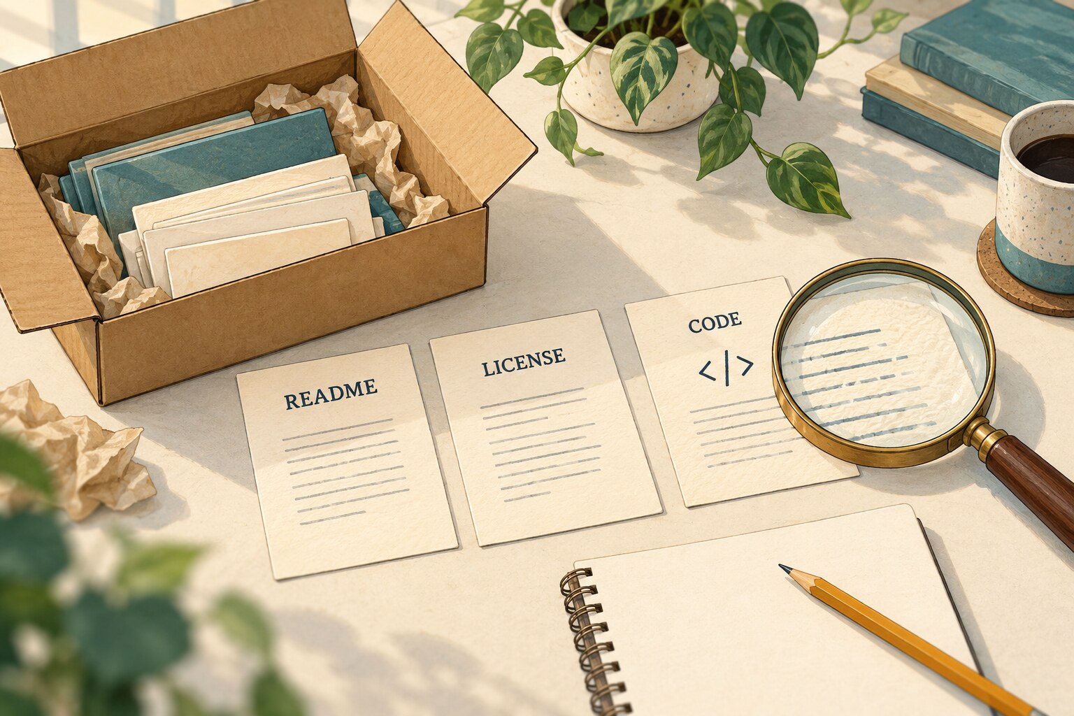 An open package archive sits beside example README, LICENSE and CODE sheets and a magnifying glass.