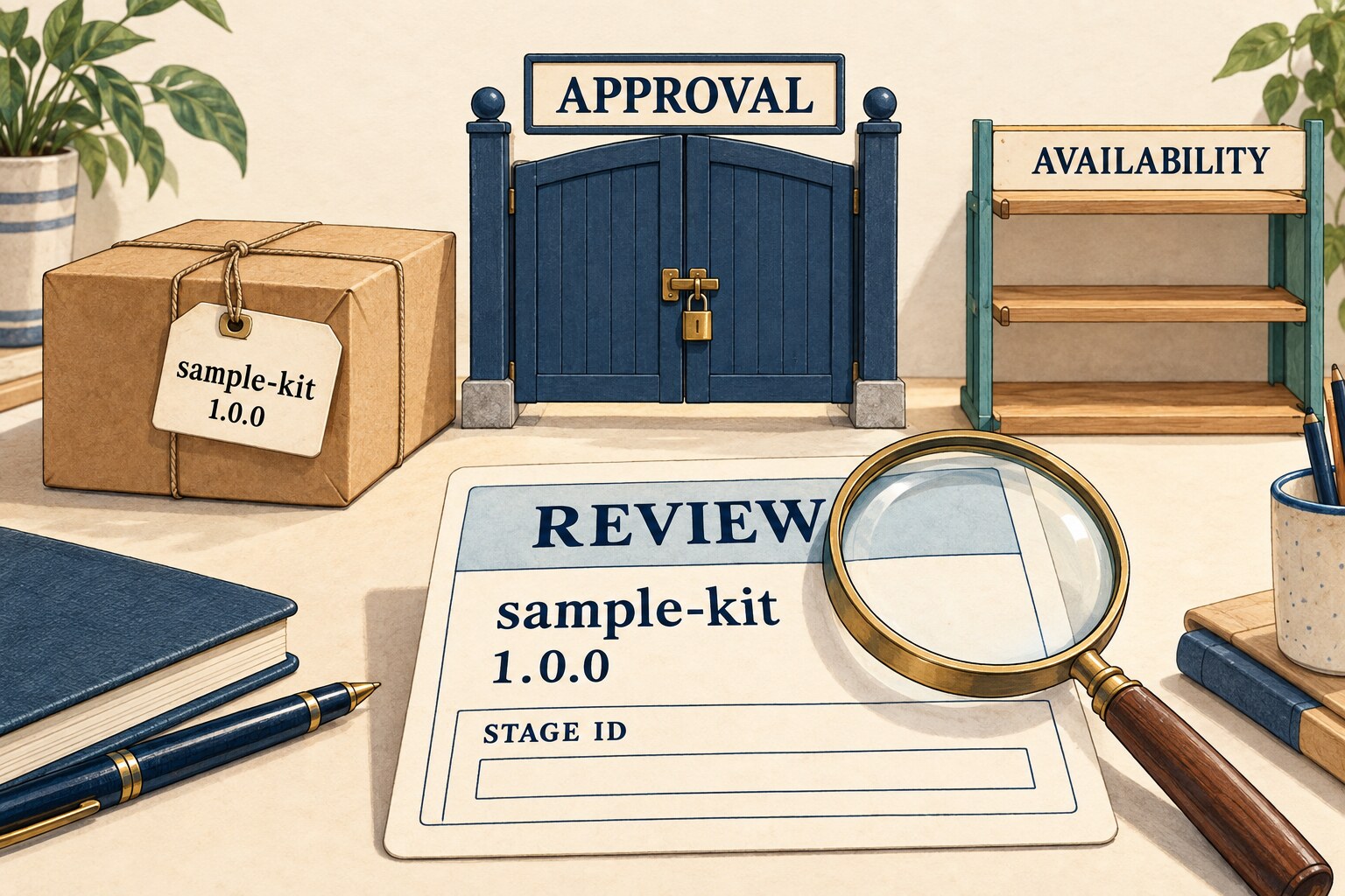 A review card and waiting package both show sample-kit 1.0.0 beside a closed approval gate and empty availability shelf.