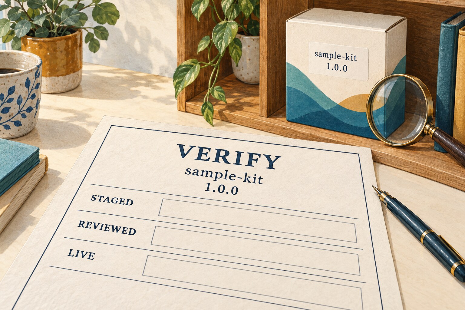 A blank verification receipt separates Staged, Reviewed and Live observations beside a sample-kit 1.0.0 package on a shelf.