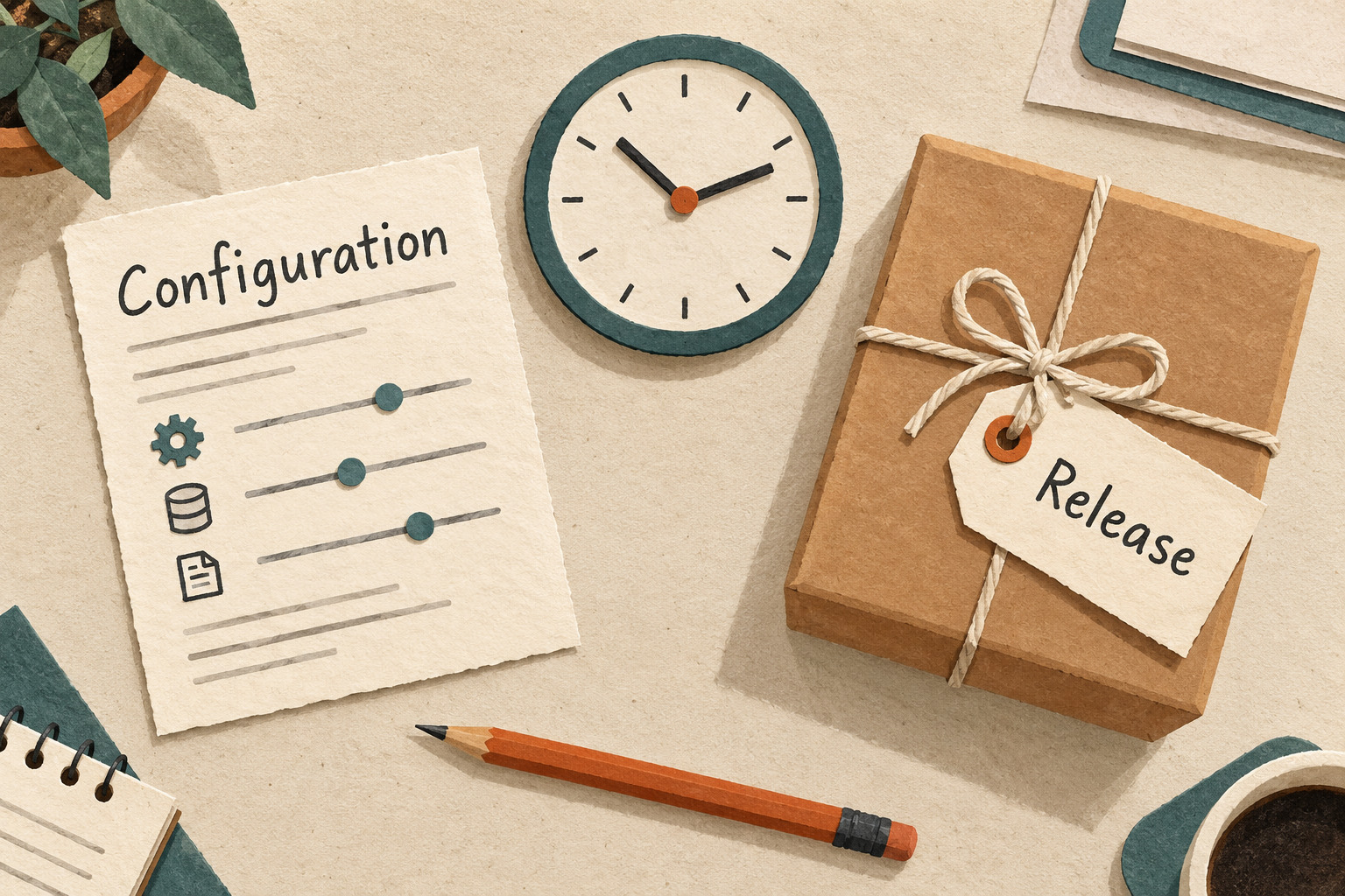 Paper configuration card, analog clock, and wrapped release parcel on a planning desk.
