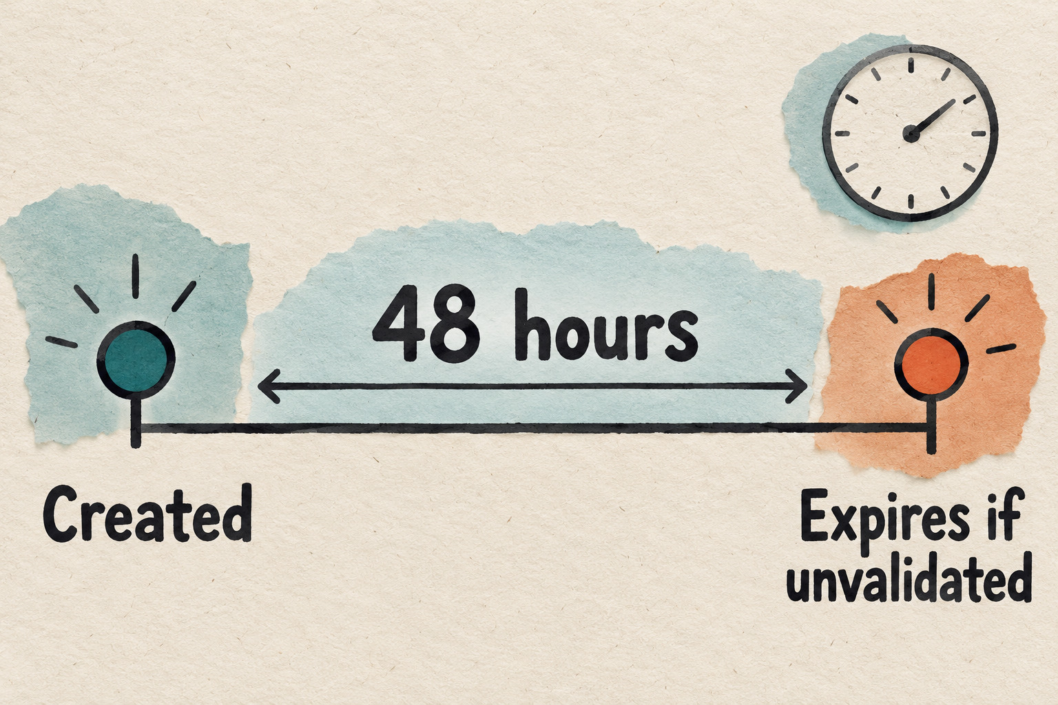 Conceptual timeline from Created through a 48-hour window to Expires if unvalidated.