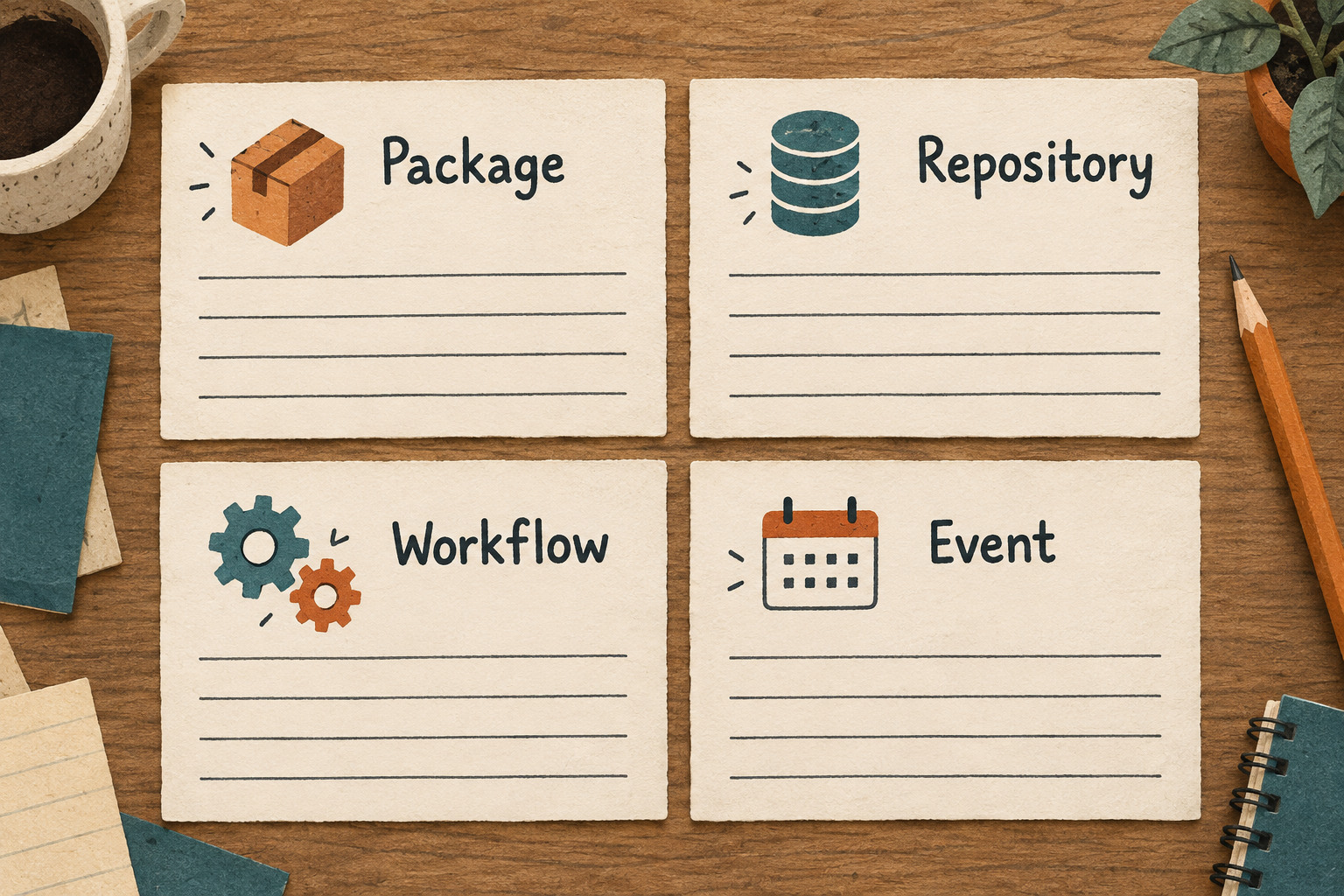 Four separate review cards labelled Package, Repository, Workflow, and Event.