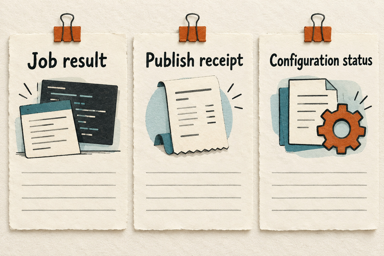 Three independent evidence cards labelled Job result, Publish receipt, and Configuration status.