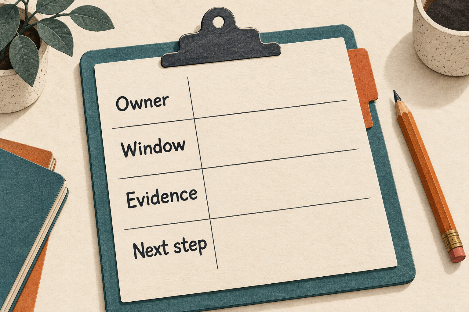 Handoff clipboard with blank fields for Owner, Window, Evidence, and Next step.