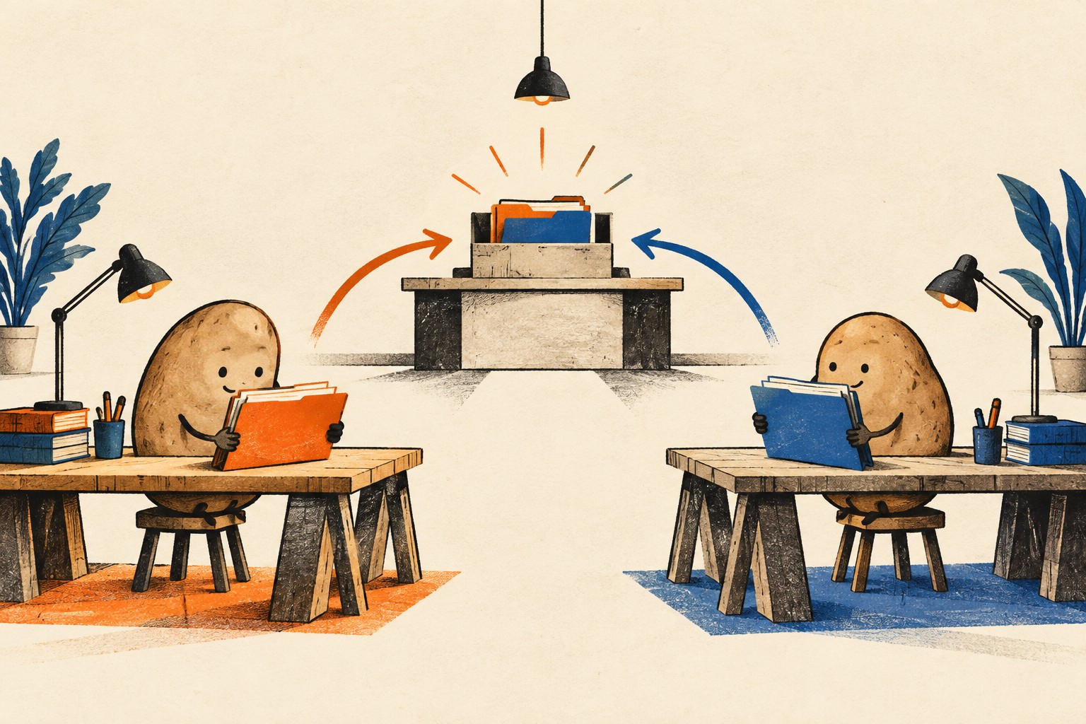 Two potato-shaped workers at separate desks send folders to one review desk.
