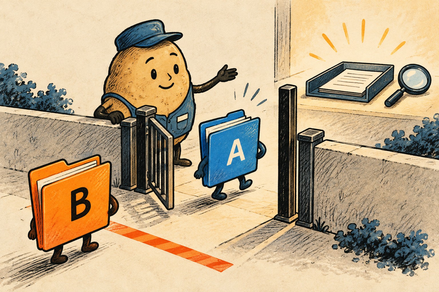 A reviewer lets folder A through a gate while folder B waits behind a line.