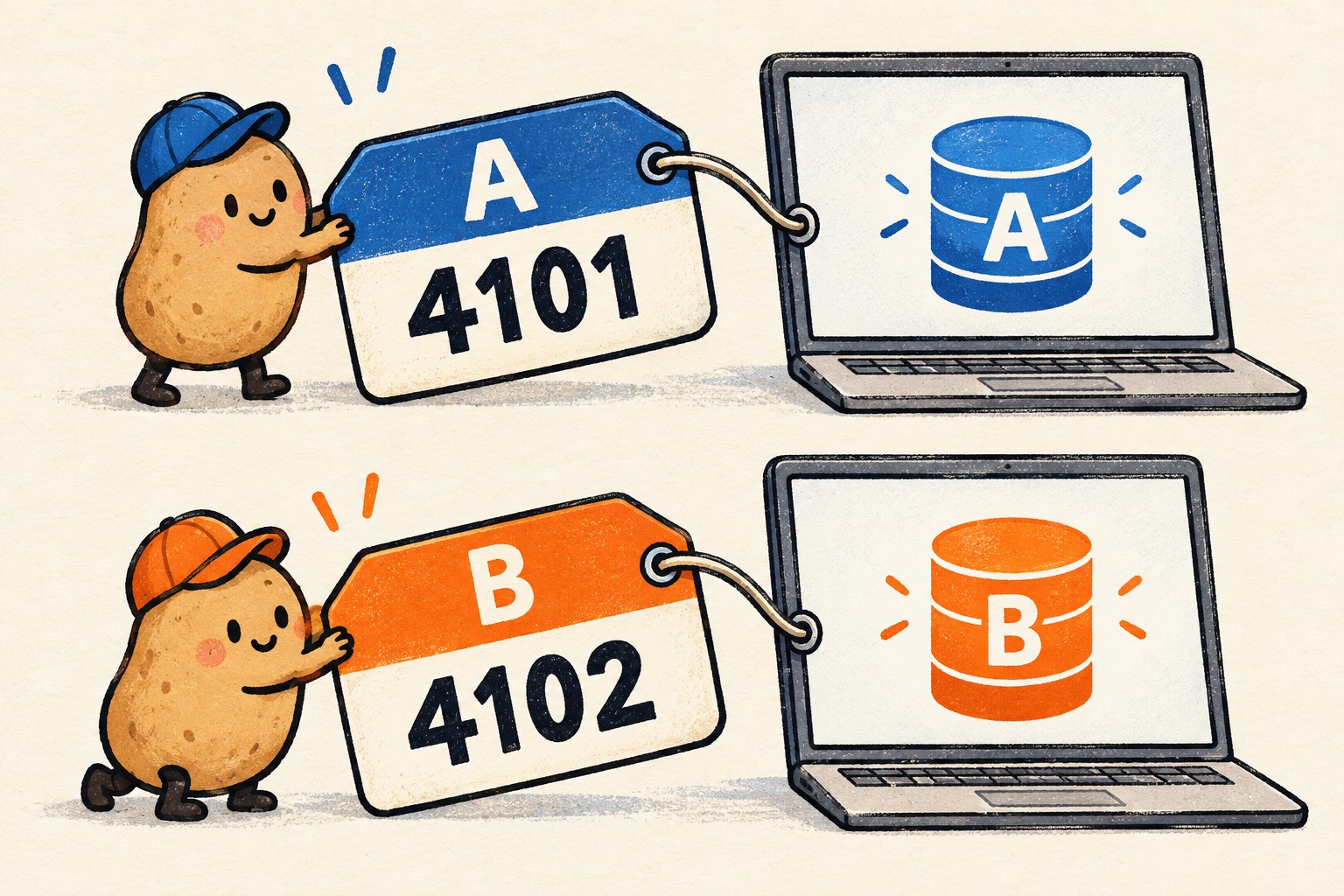Task A pairs port 4101 with database A; task B pairs port 4102 with database B.