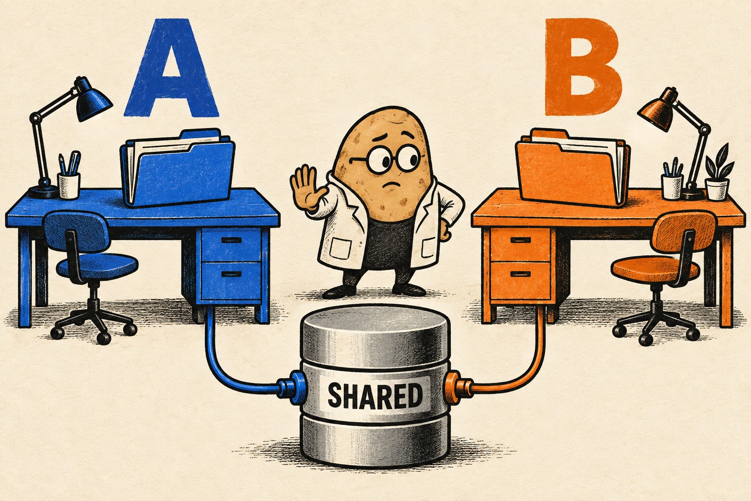 Blue and orange desks both connect to one database labeled SHARED.