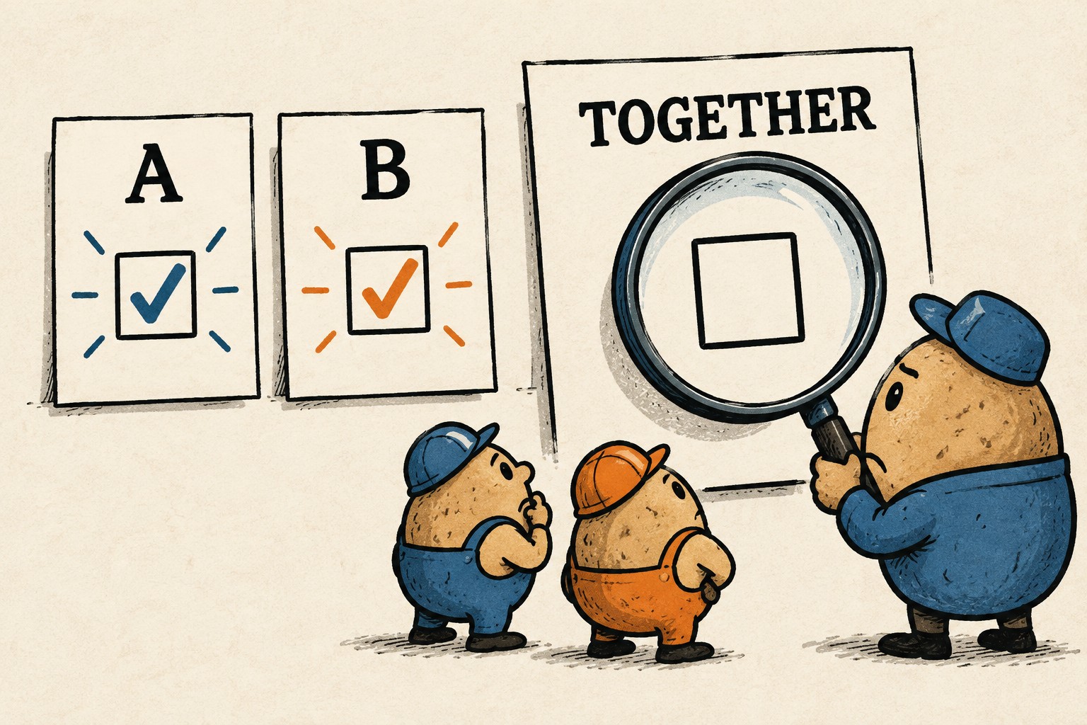 Cards A and B have check marks, while the TOGETHER card has an unchecked box.