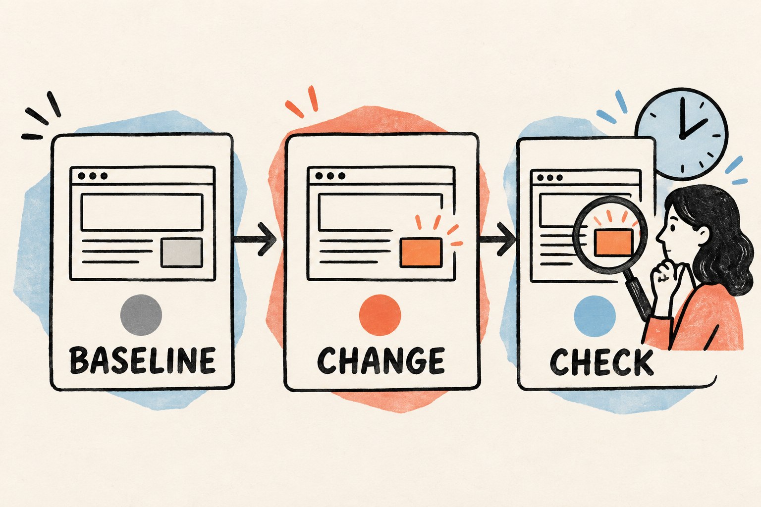 Three cards show baseline, change, and a human checking the changed area.