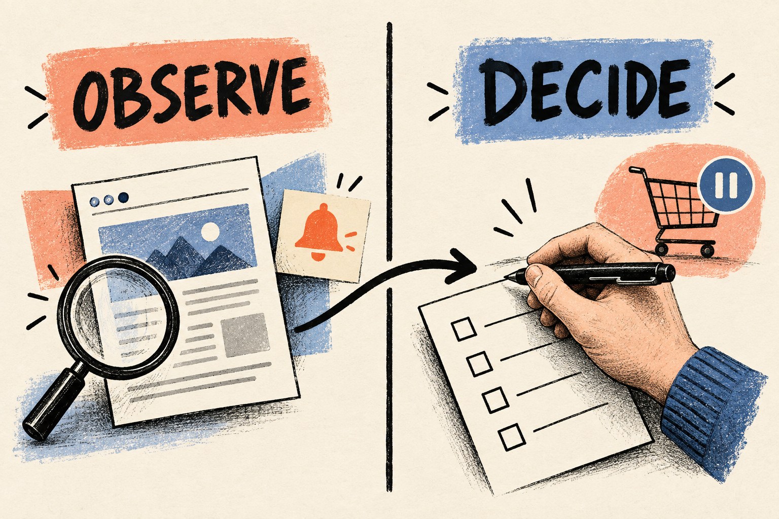 An observation and alert lead to a person reviewing a checklist, with shopping paused.