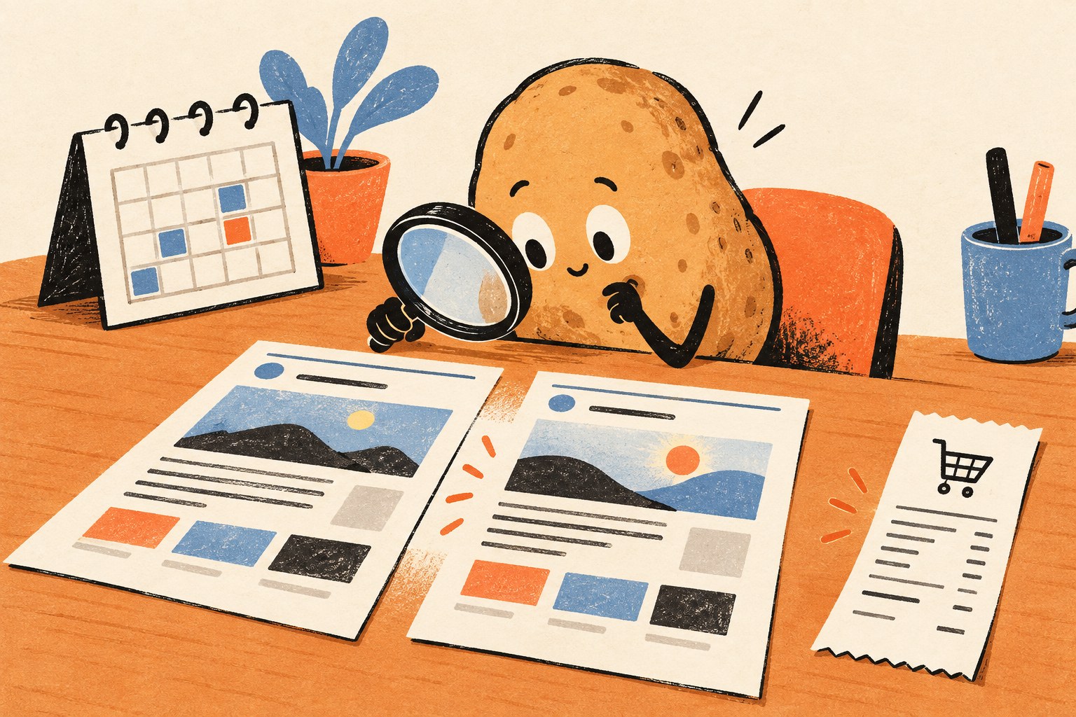 A potato-shaped assistant compares two illustrated web pages with a magnifying glass.
