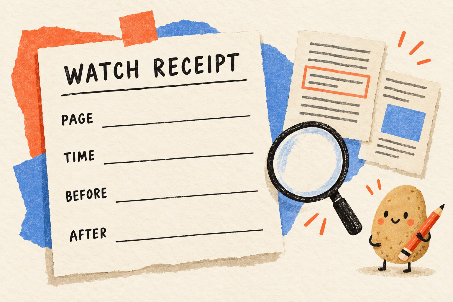 A paper watch receipt has fields for page, time, before, and after.