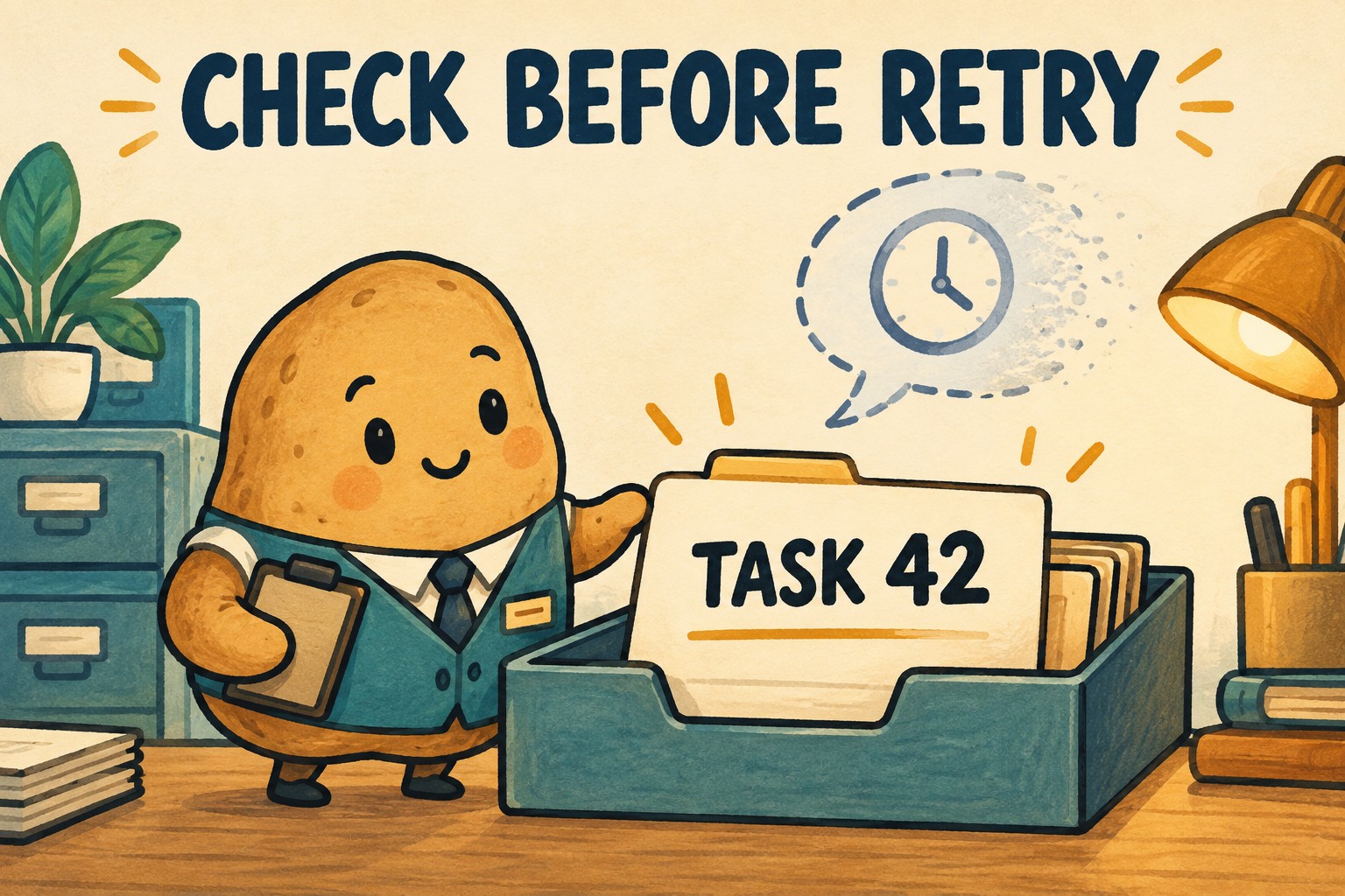 A potato clerk points at a TASK 42 folder beneath Check Before Retry while a clock bubble fades.